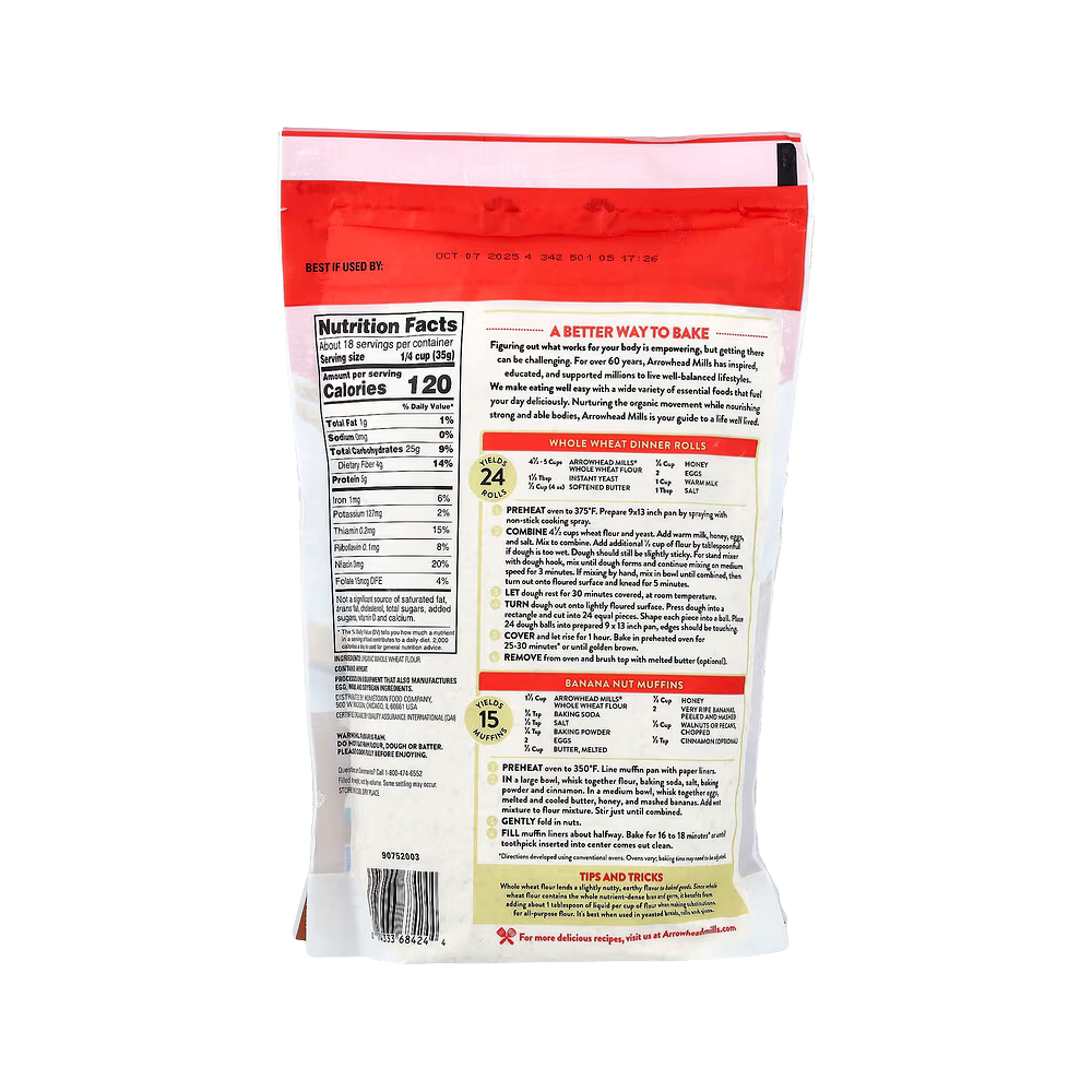 Arrowhead Mills, Organic stone ground whole wheat flour, 22 oz, (1LB 6 oz) 623 g