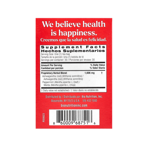 Bio Nutrition, Ashwagandha Tea, Caffeine Free, 30 Tea Bags, 1.7 oz (48.2 g)