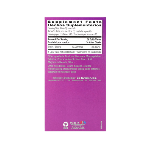 Bio Nutrition, Biotin, Maximum Strength 10,000 mcg, 60 Snap Tabs