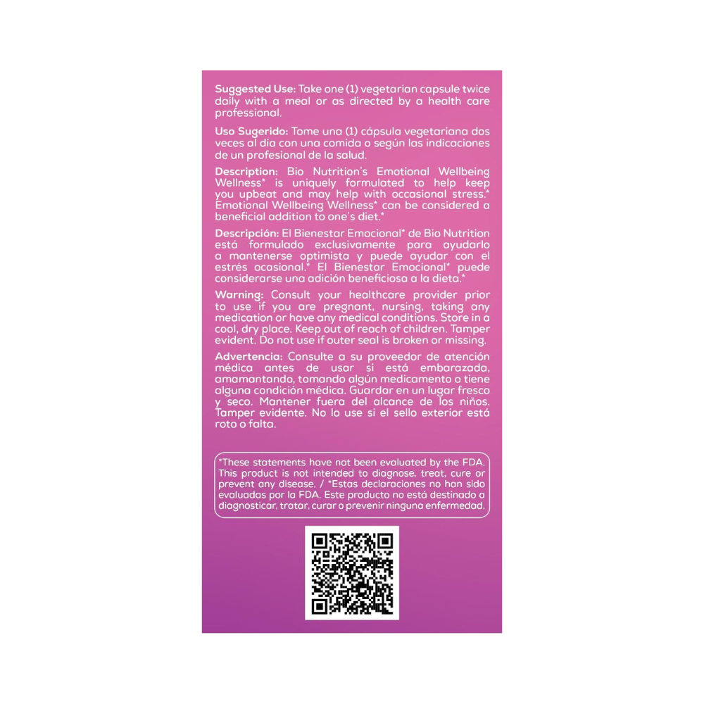 Bio Nutrition, Emotional Wellbeing wellness,  60 Vegetarian Capsules