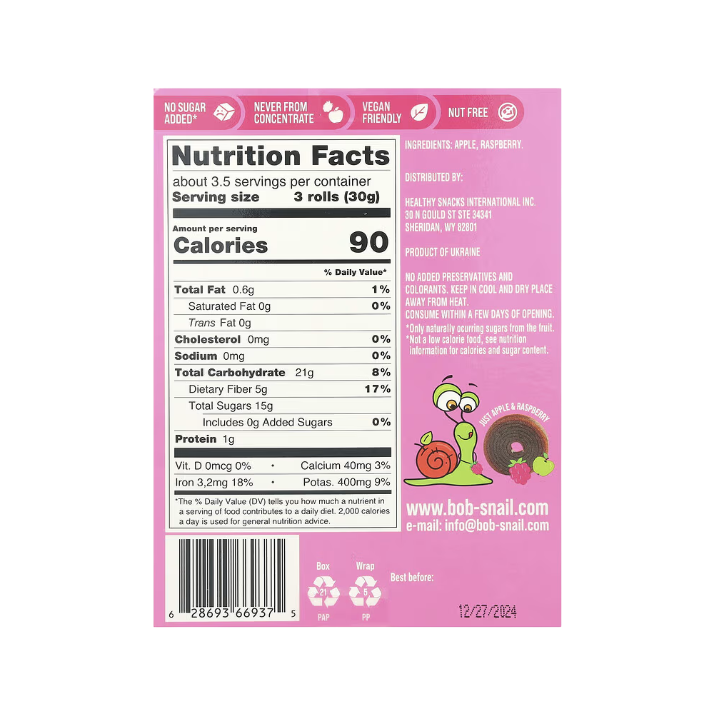 Bob Snail, Fruit Roll, Apple-Raspberry, 10 Pouches, 0.35 oz (10 g) Each