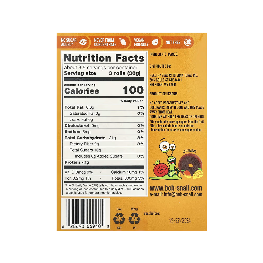Bob Snail, Fruit Roll, Mango, 10 Pouches, 0.35 oz (10 g) Each