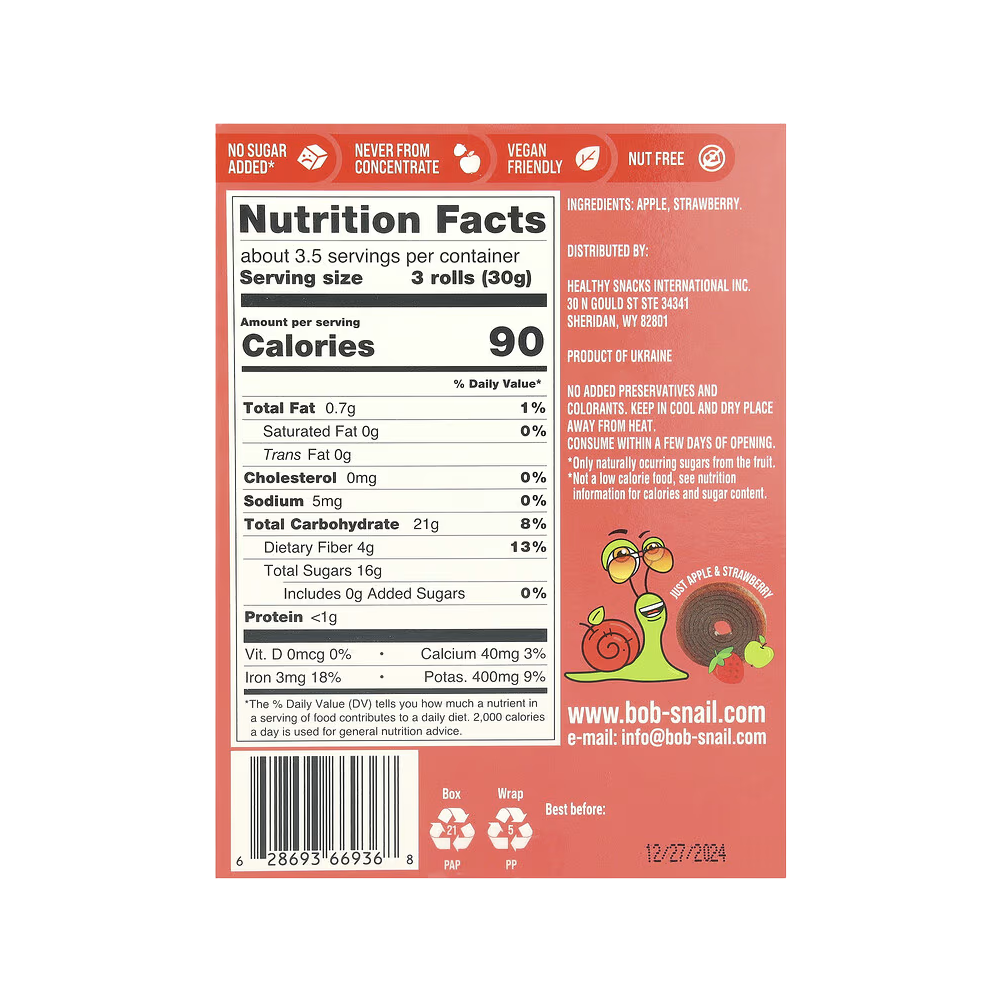 Bob Snail, Fruit Rolls, Apple-Strawberry, 10 Pouches, 0.35 oz (10 g) Each