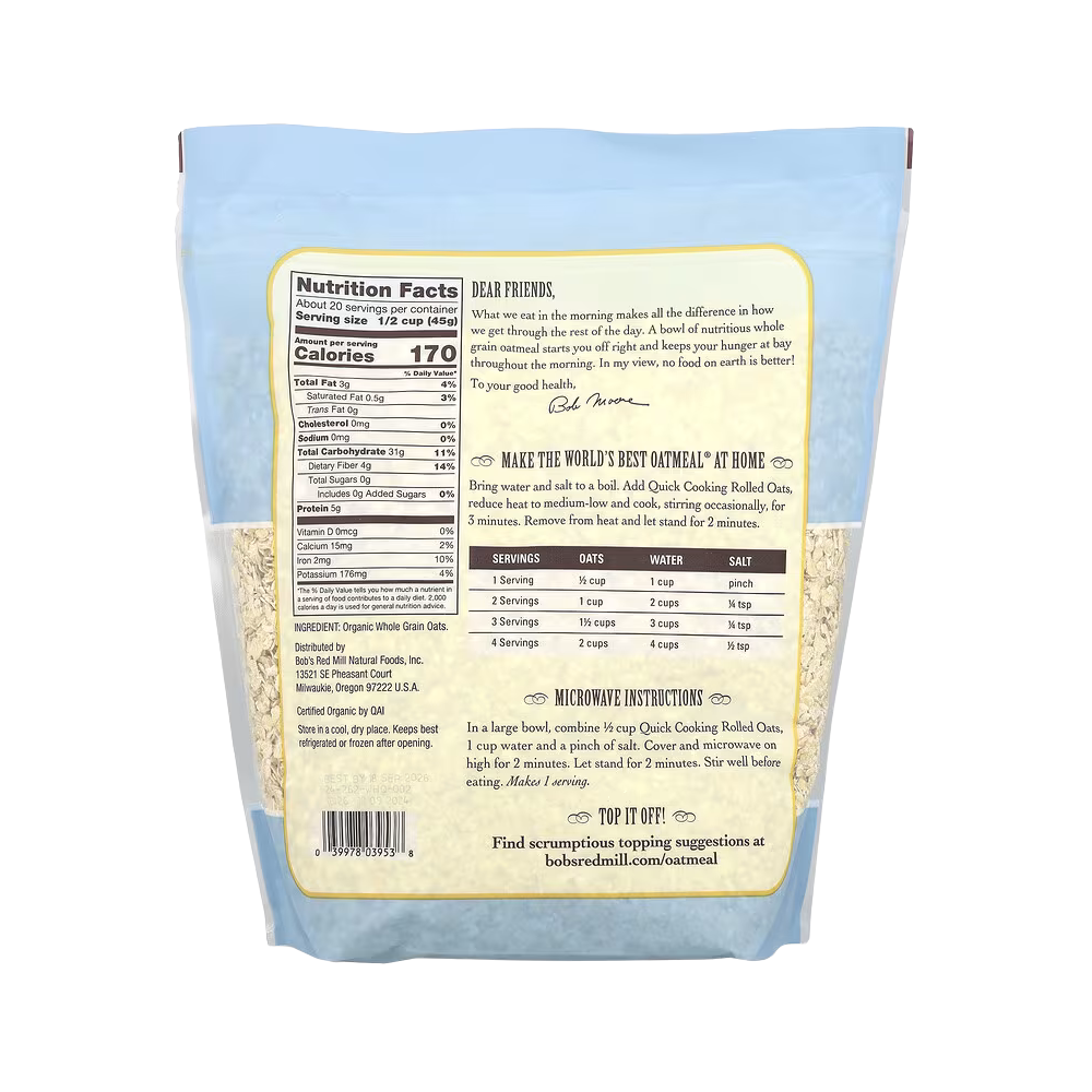 Bob’s Red Mill, Organic Quick Cooking, Rolled Oats, Whole Grain, 32oz (907g)