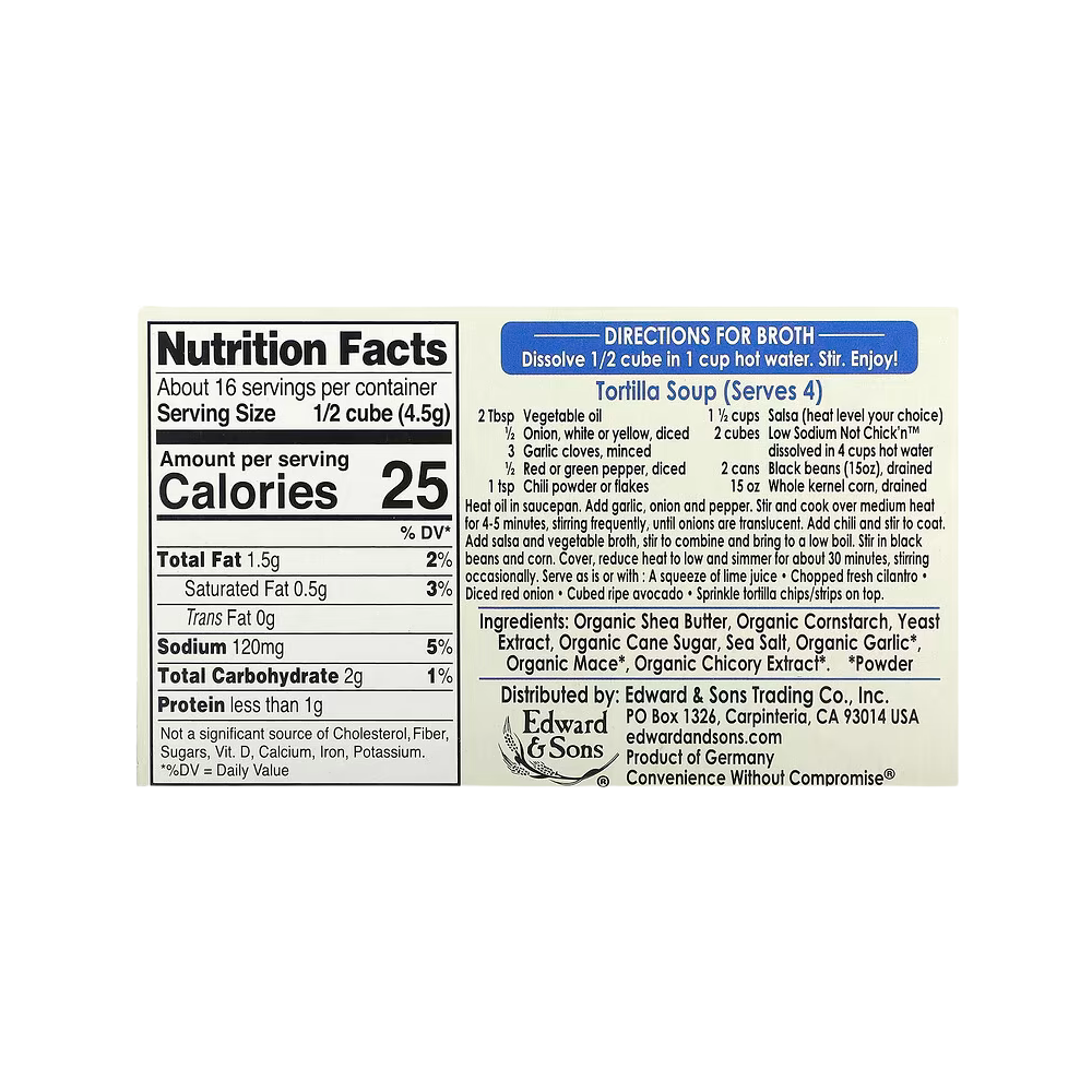 Edward & Sons, Not-Chick'n Bouillon Cubes, Low Sodium, 8 Cubes, 2.5 oz (72 g)