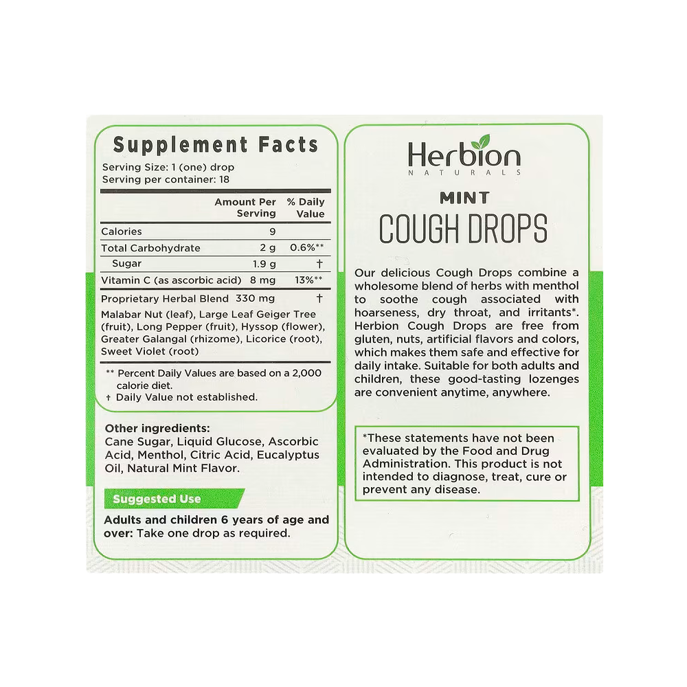 Herbion Naturals, Mint Cough Drops, 18 Drops