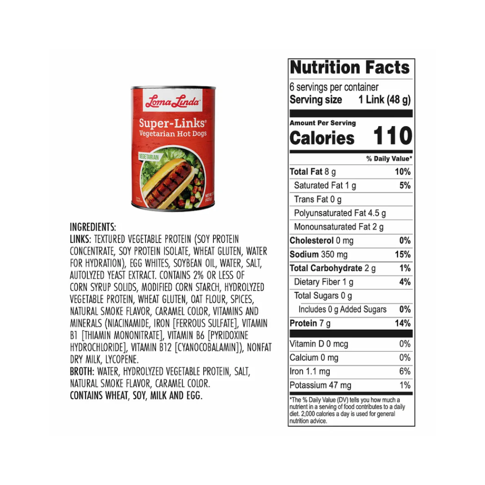 Loma Linda, Super-Links, Vegetarian Hot Dog, 6 Links 15oz (425g)