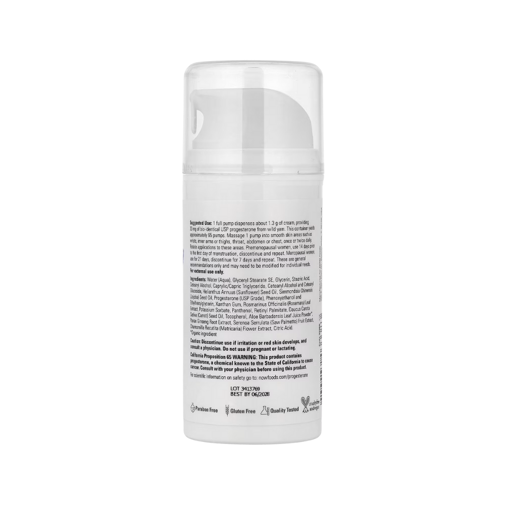 NOW Foods, Solutions, Progesterone from Wild Yam, Balancing Skin Cream, Fragrance Free, 3 oz (85 g)