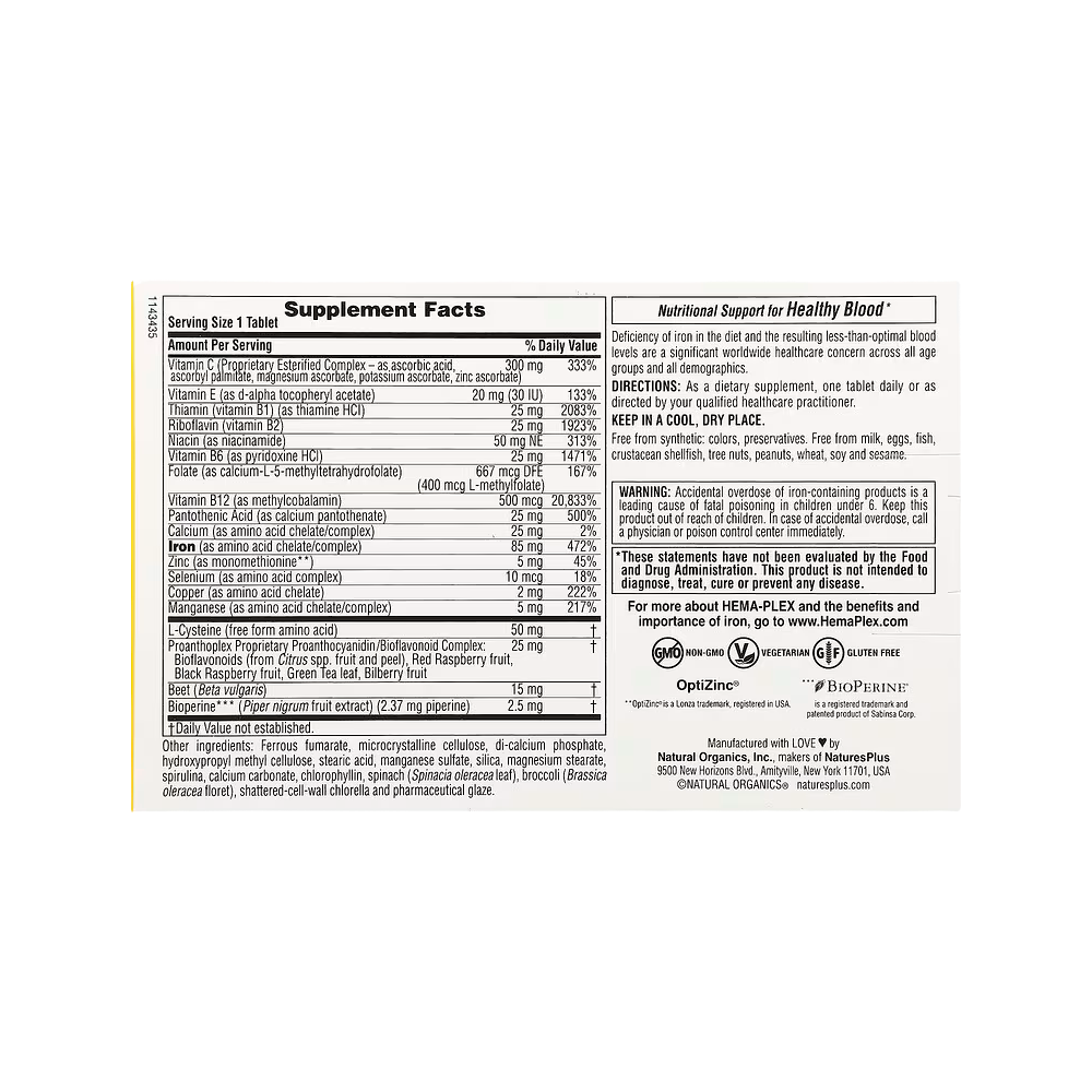 NaturesPlus, Hema-Plex Iron with Essential Nutrients, 10 Slow Release Tablets