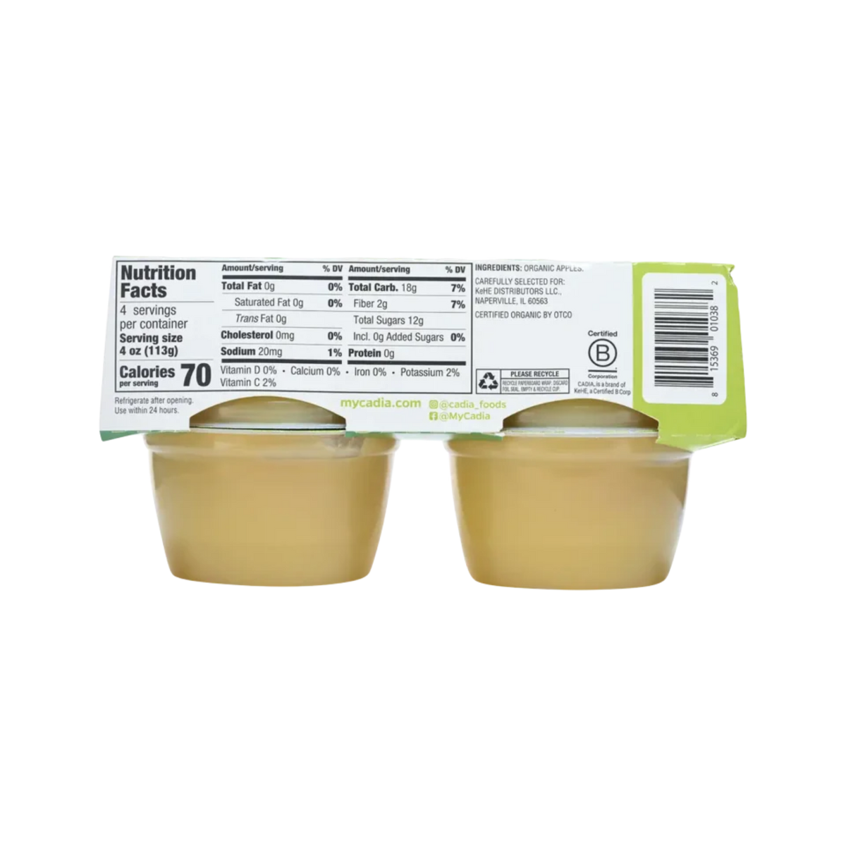 Organic Cadia, Unsweetened applesauce, 4-4 oz (113g) cups