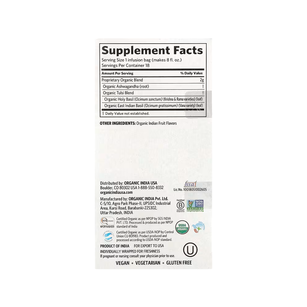 Organic India, Tulsi Ashwagandha Tea, Caffeine Free, 18 Infusion Bags, 1.27 oz (36 g)