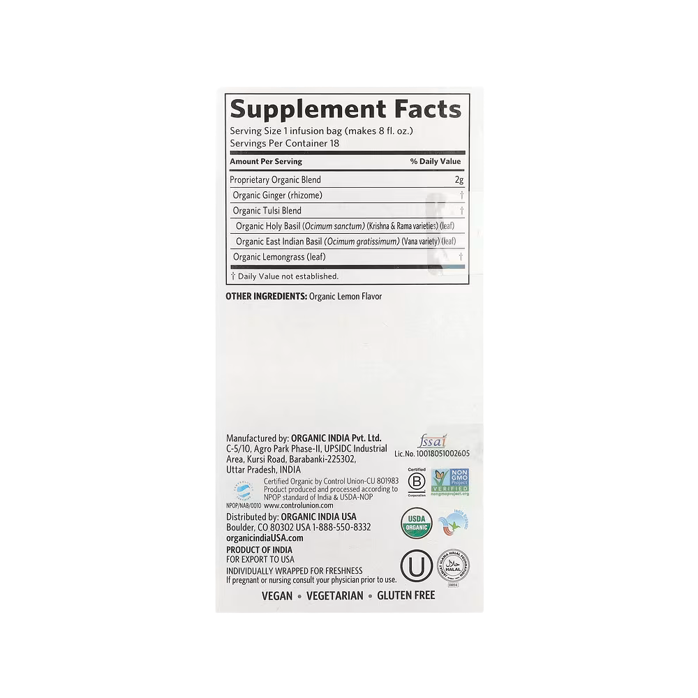 Organic India, Tulsi Lemon Ginger Tea, Caffeine-Free, 18 Infusion Bags, 1.27 oz (36 g)