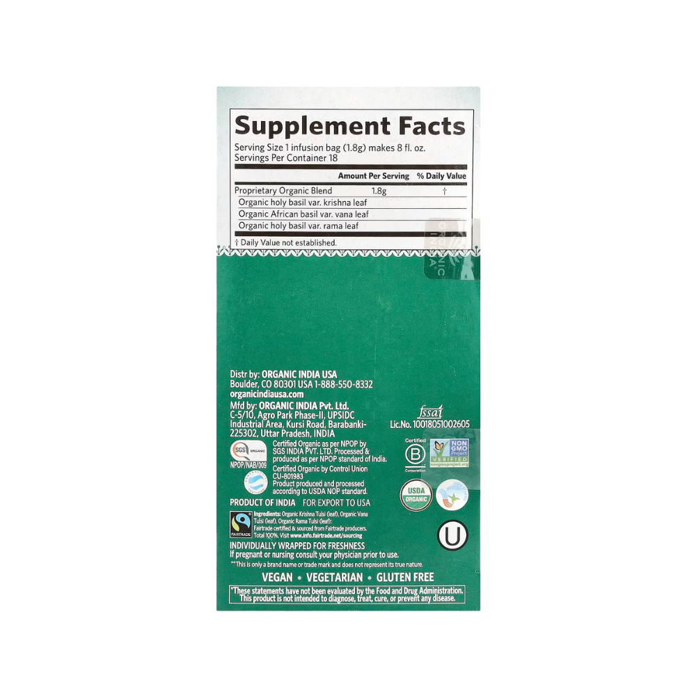 Organic India, Tulsi Original Tea, Caffeine-Free, 18 Infusion Bags, 1.14 oz (32.4 g)