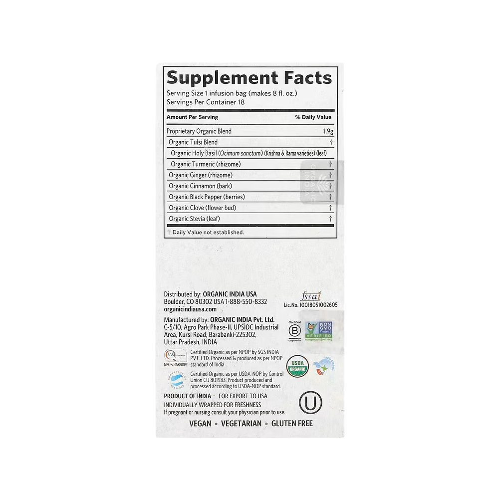 Organic India, Tulsi Turmeric Ginger Tea, Caffeine-Free, 18 Infusion Bags, 1.2 oz (34.2 g)
