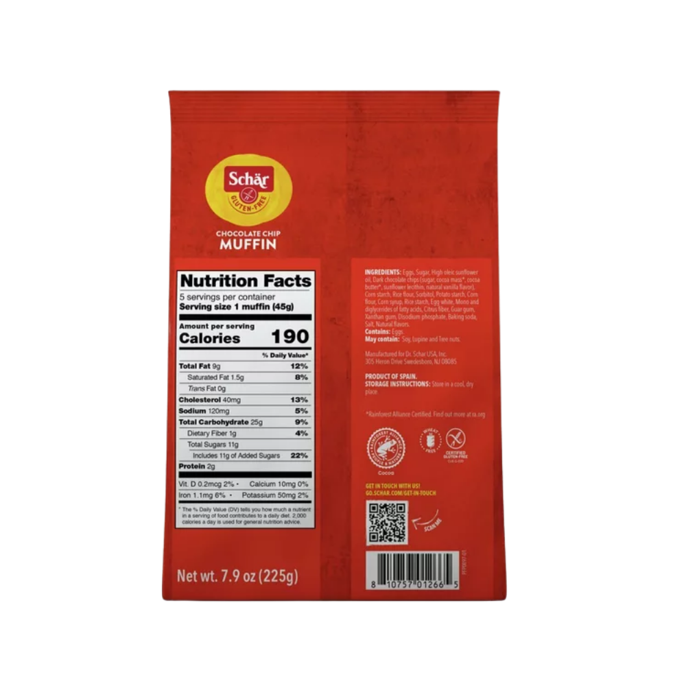 Schär Gluten free, Chocolate Chip Muffin, 5 Individually Wrapped Muffins, 7.9oz