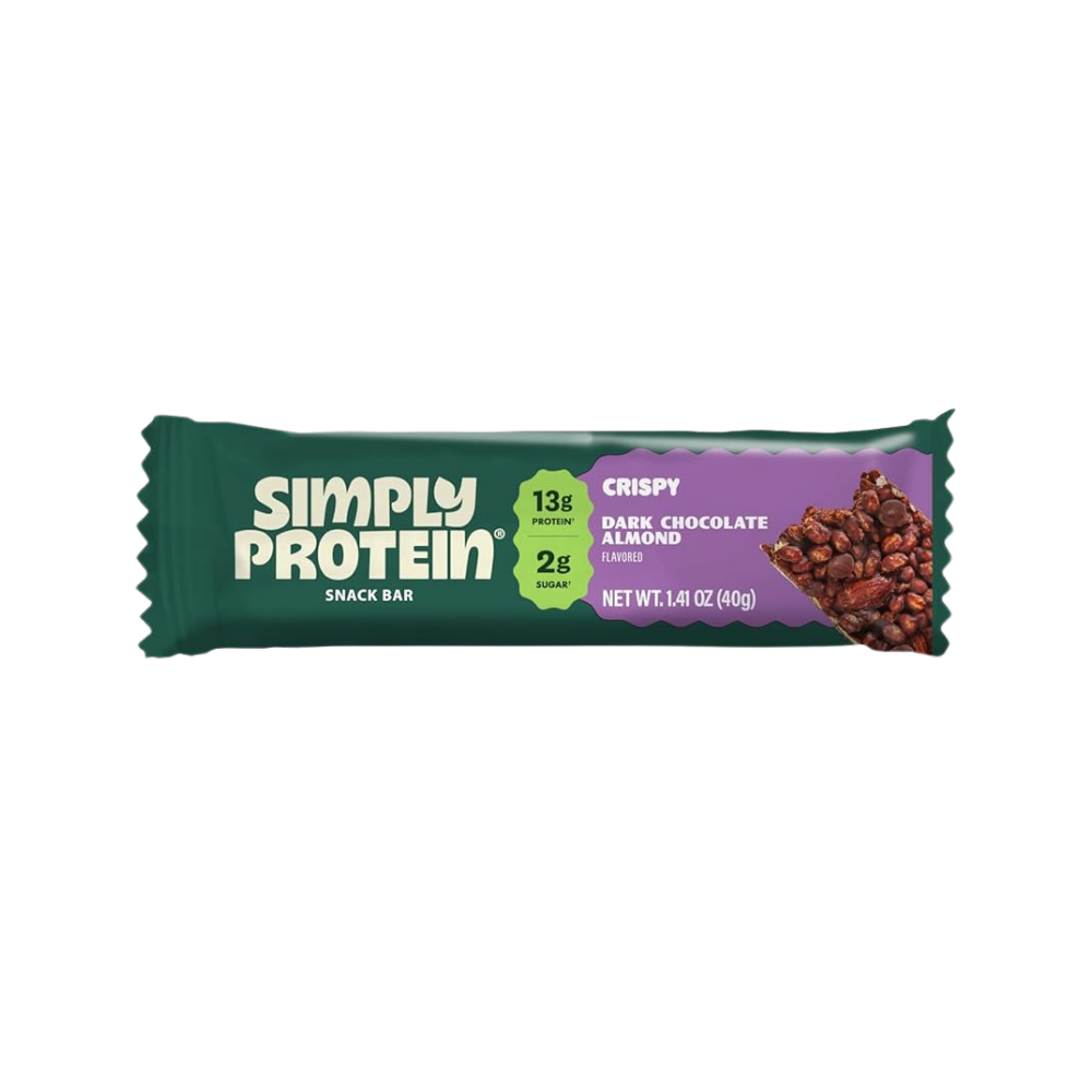 Simply Protein - Dark Chocolate Almond Crispy Bar - Plant Based Protein Bars, 13g Protein, 2g Sugar, 7g Fiber