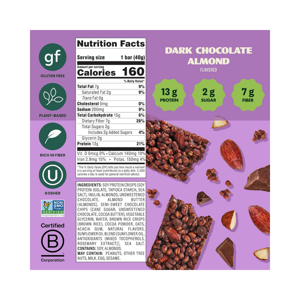 Simply Protein - Dark Chocolate Almond Crispy Bar - Plant Based Protein Bars, 13g Protein, 2g Sugar, 7g Fiber