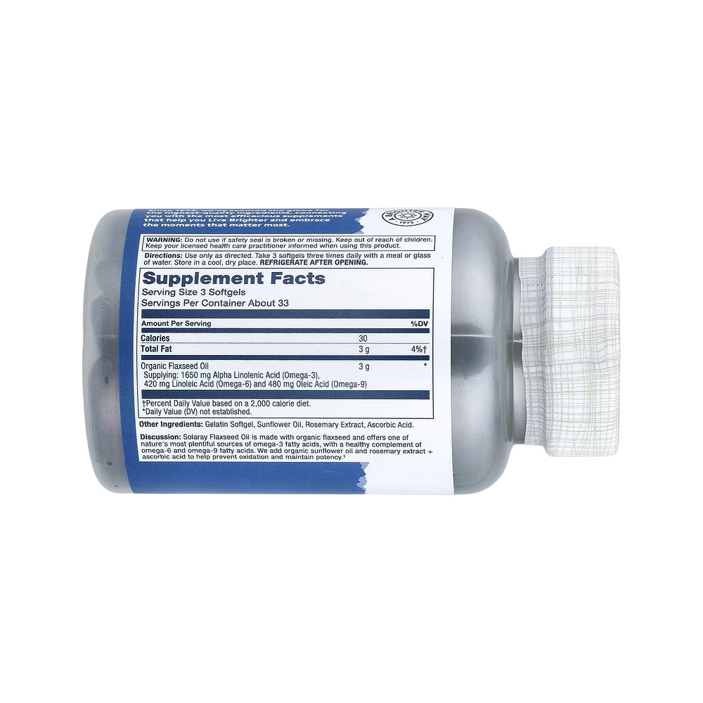 Solaray, Flaxseed Oil, 100 Softgels (1 g per Softgel)