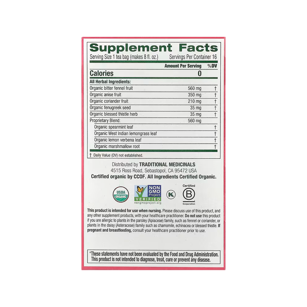 Traditional Medicinals, Organic Mother's Milk, Original with Fennel & Fenugreek, Caffeine Free, 16 Wrapped Tea Bags, 0.99 oz (28 g)