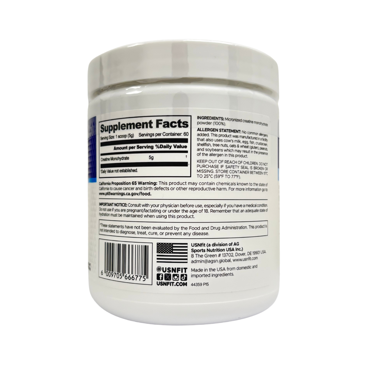 USN, Pure Creatine, Monohydrate Powder, 5g per serving
